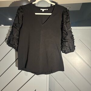Chicos Black V-Neck Top with Textured Sleeves